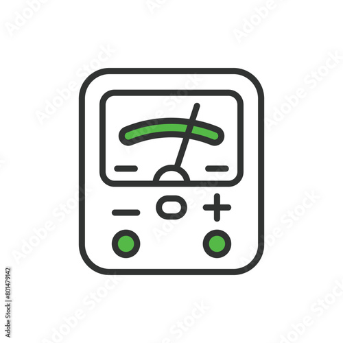 Voltmeter, in line design, green. Voltmeter, Voltage, Meter, Measurement, Instrument, Electrical, Measure on white background vector. Voltmeter editable stroke icon.