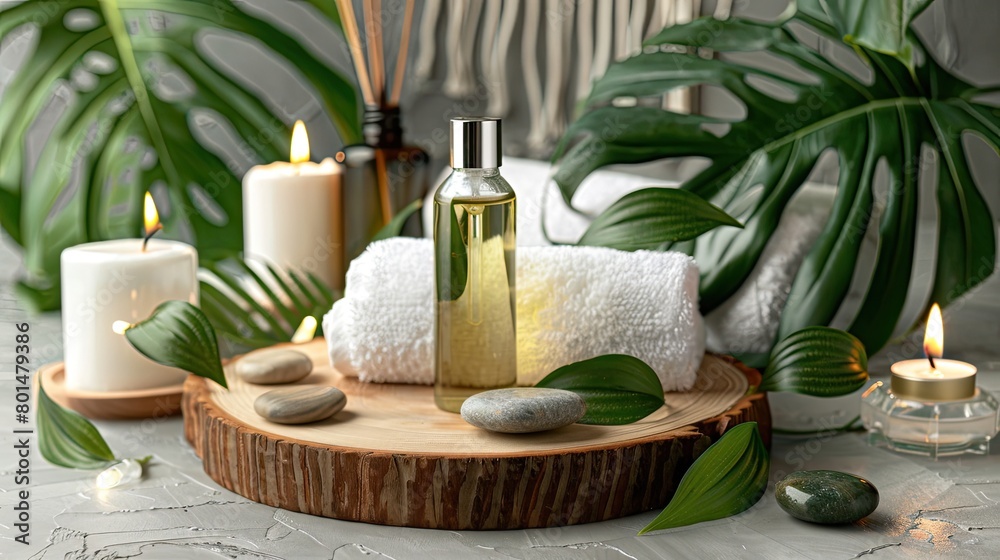 a spa setting featuring an essential oil bottle, candle, and white towel arranged on a wooden board amidst lush green leaves and hot stones, against a soothing light grey background.