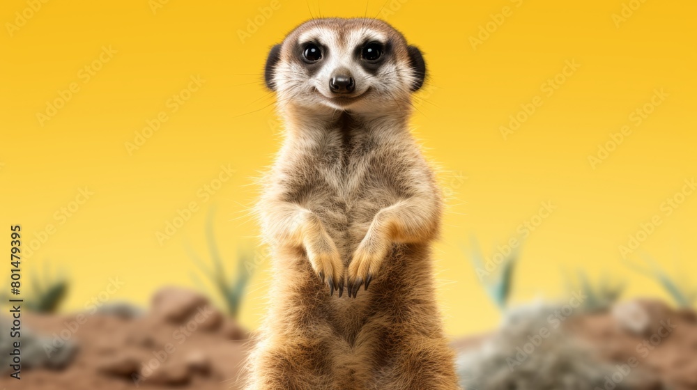 Fototapeta premium a meerkat standing on yellow background. 