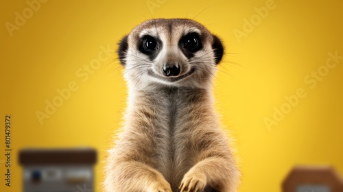 a meerkat standing on yellow background. 