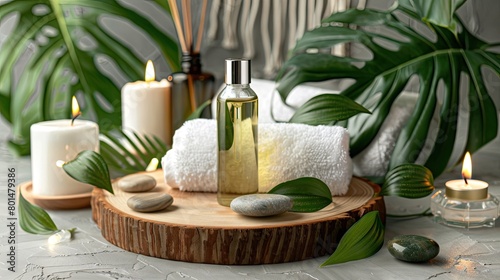 a spa setting featuring an essential oil bottle  candle  and white towel arranged on a wooden board amidst lush green leaves and hot stones  against a soothing light grey background.