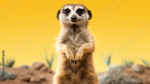 a meerkat standing  on yellow background.  photo