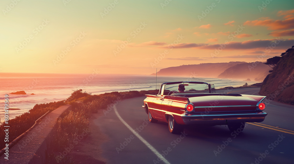 Vintage Car Driving on Coastal Road at Sunset