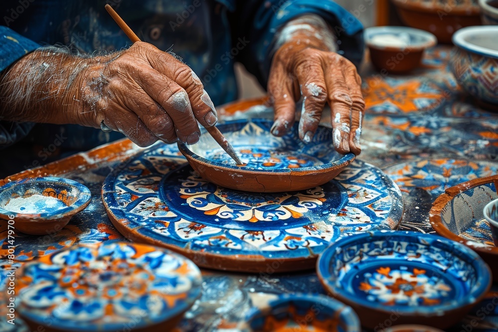 The hand of an Indian potter painting ceramic plates The hand of an Indian potter painting ceramic plates