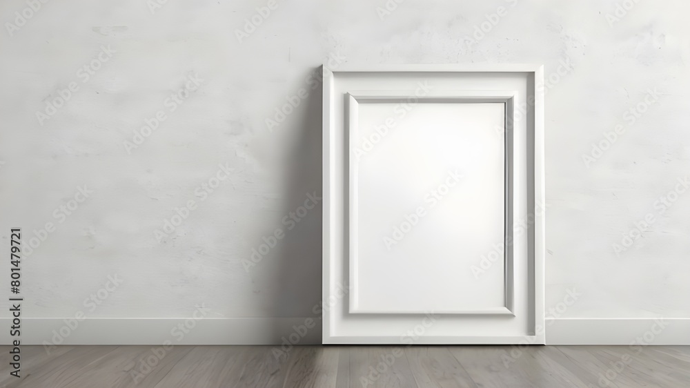 Empty mockup frame on wooden floor with white wall Empty mockup frame on wooden floor with white wall