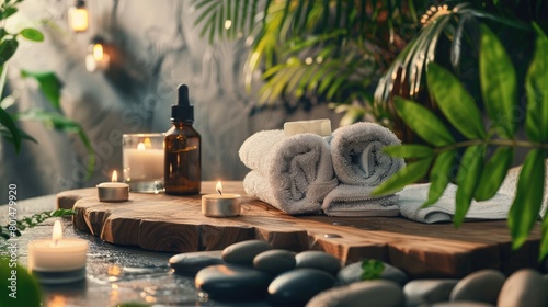 a spa setting featuring an essential oil bottle  candle  and white towel arranged on a wooden board amidst lush green leaves and hot stones  against a soothing light grey background.