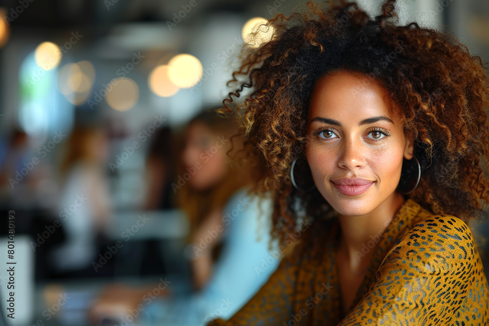 Afro business woman looking at you working in a modern office Afro business woman looking at you working in a modern office