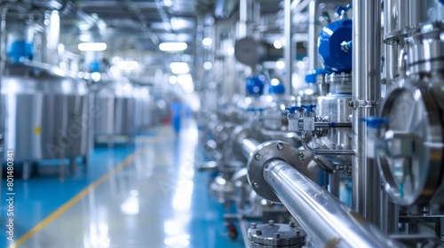 A clean and organized pharmaceutical plant where steel pipelines and valves are part of a sterile environment