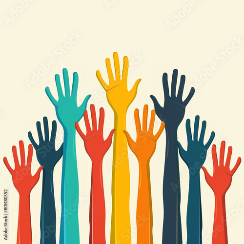 different colors hands raised up and representing supportive diverse community 