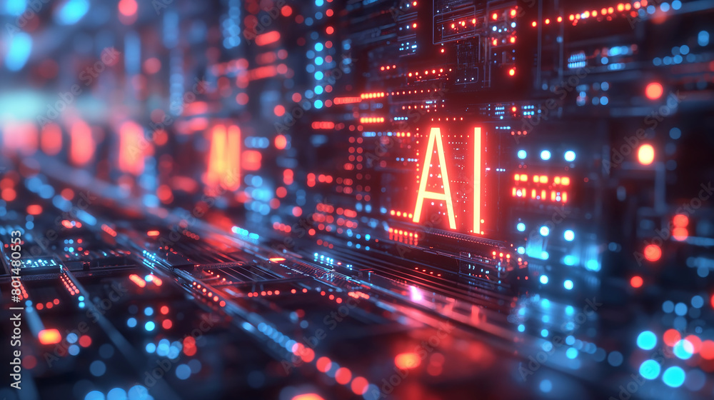AI letters glow prominently on complex circuit board. Artificial Intelligence Concept