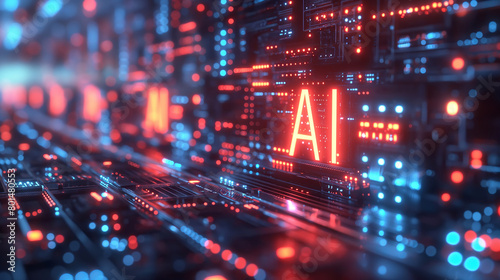 AI letters glow prominently on complex circuit board. Artificial Intelligence Concept