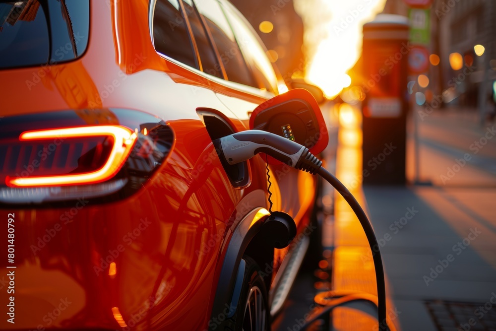 Close up of an electric car charging at the station, concept for sustainable energy Close up of an electric car charging at the station, concept for sustainable energy