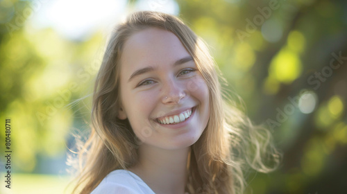 Linda mulher jovem sorrindo ao ar livre - retrato