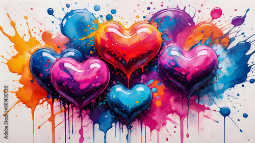 colorful hearts on an abstract fractal background. watercolor illustration of heart.