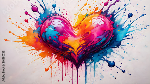 colorful hearts on an abstract fractal background. watercolor illustration of heart.