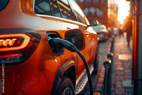 Close up of an electric car charging at the station, concept for sustainable energy and environmentally friendly transportation technology with space for copy. 