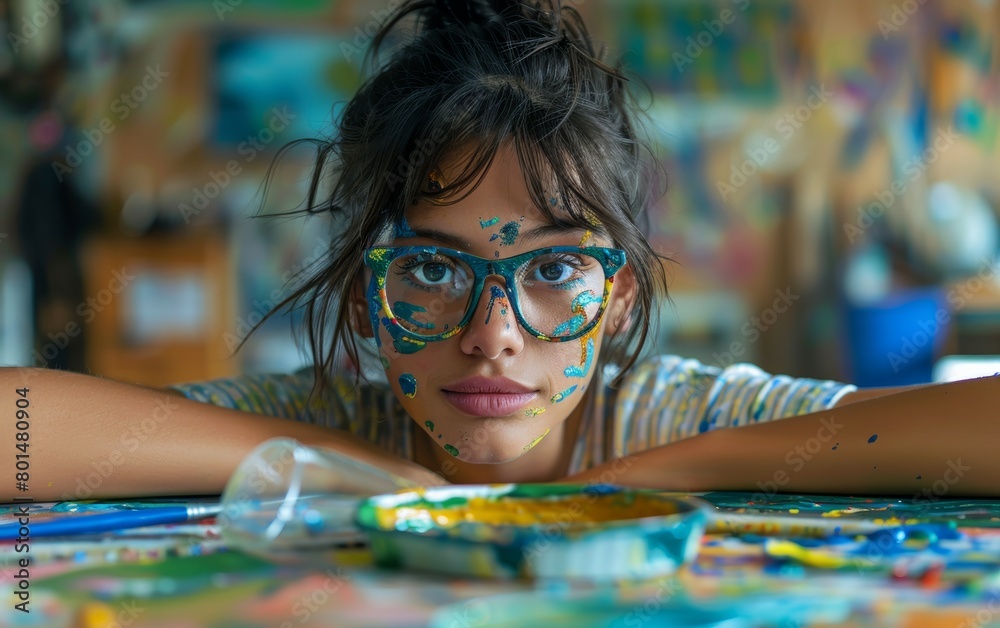A young artist with glasses paints in her studio. face, glasses and clothes are painted, expression is cheerful. A young artist with glasses paints in her studio. face, glasses and clothes are painted, expression is cheerful.