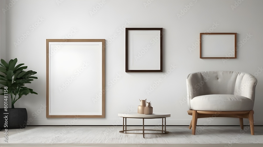 Fototapeta premium Interior of Mockup frames on white wall or armchair 