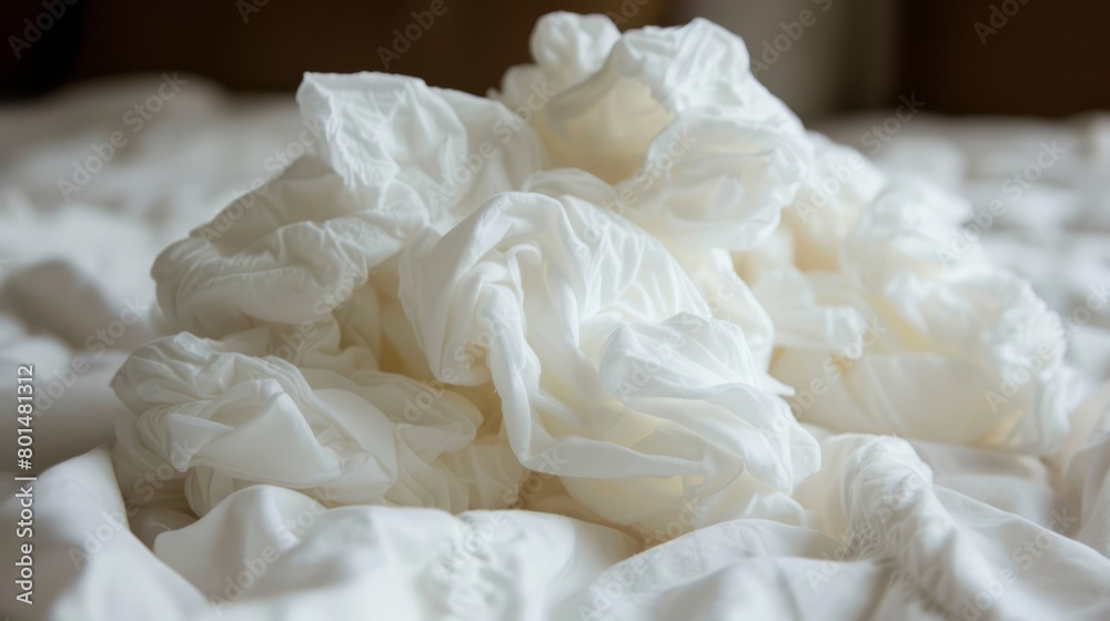 A mound of white ruffles atop a pristine white bedspread against a warm brown wall backdrop A mound of white ruffles atop a pristine white bedspread against a warm brown wall backdrop