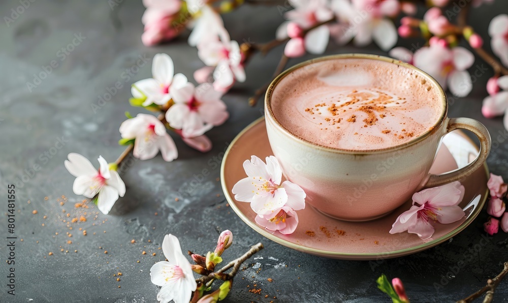 beautiful romance a cup of latte tea or chocolate serve with cherry blossom flower branch, spring season and national spring festival theme drink beautiful romance a cup of latte tea or chocolate serve with cherry blossom flower branch, spring season and national spring festival theme drink