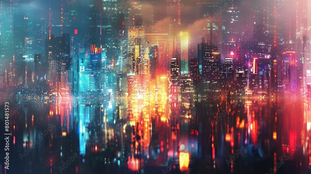 An abstract interpretation of a city skyline at night, with glowing lights and reflections. An abstract interpretation of a city skyline at night, with glowing lights and reflections.