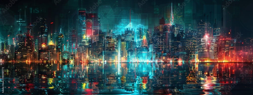 An abstract interpretation of a city skyline at night, with glowing lights and reflections.