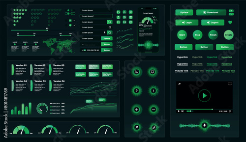 A set of high-tech interface components. Electronic panel display displays abstract graphics and information from vector graphics, infographics and other elements.