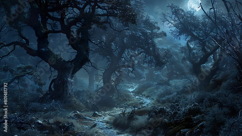 A winding path leads into a forest shrouded in darkness  where gnarled trees cast twisted shadows under the pale moonlight.