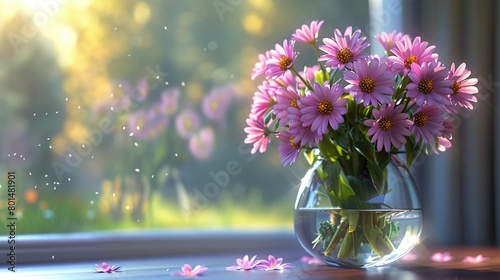   A vase brimming with pink blossoms perches atop a window ledge beside a glass vase cradling water photo