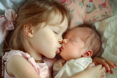 Cute little girl kissing newborn baby in a hospital bed, closeup portrait photo of two children in love, top view in the style of two children. 
