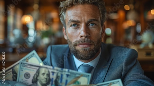 Businessman in Suit Holding Stack of Money. Generative AI photo