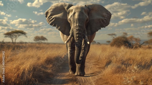 majestic african bush elephant walking across dirt road in tanzania closeup portrait 8k generative ai