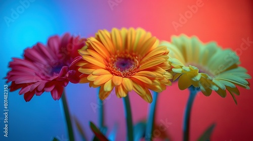   Three vibrant flowers in a vase against a multi-colored backdrop featuring blue  pink  yellow  and red  with a prominent red center