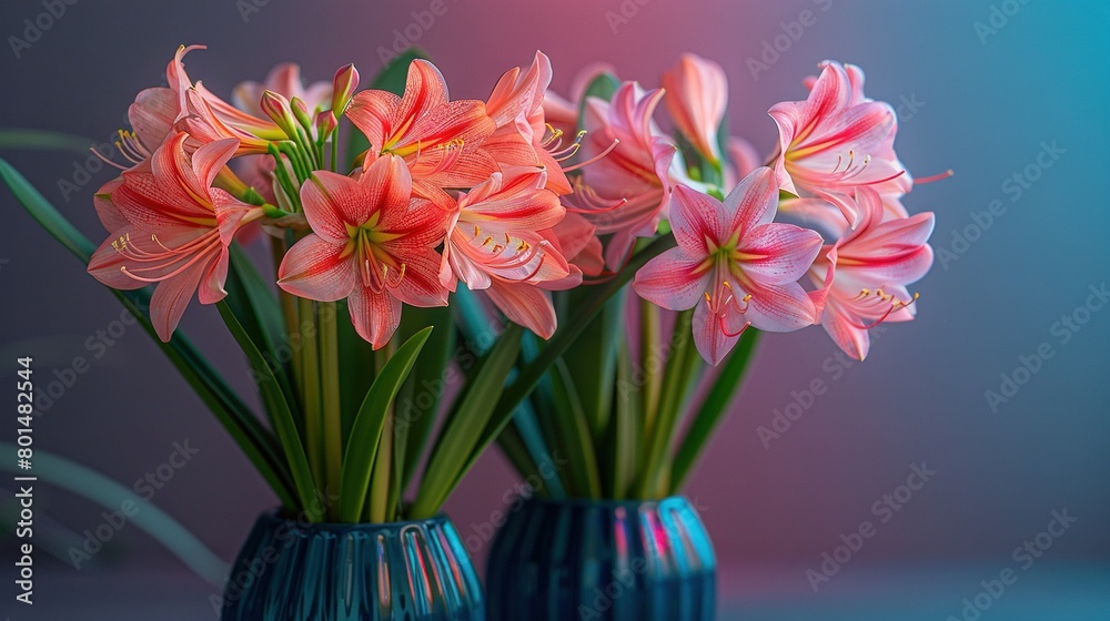 custom made wallpaper toronto digital  A few vases of pink flowers atop a blue table adjacent to the purple-blue wall