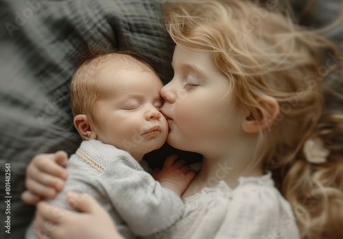 blonde girl kissing baby, cuddling with him on grey blanket