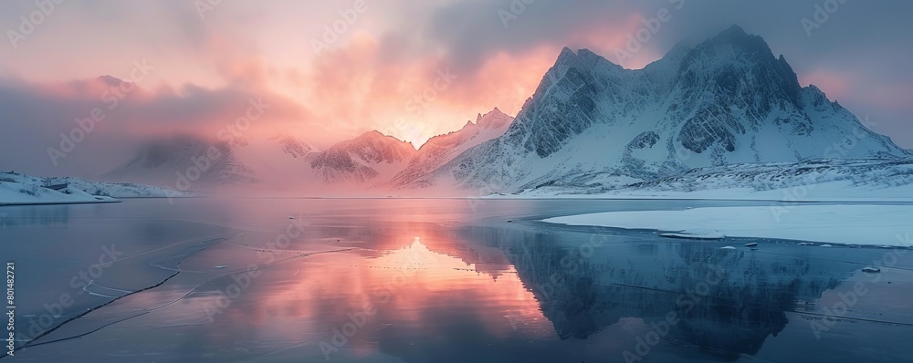 Naklejka premium Snowy mountains in winter day near lake under dark sky at sunrise