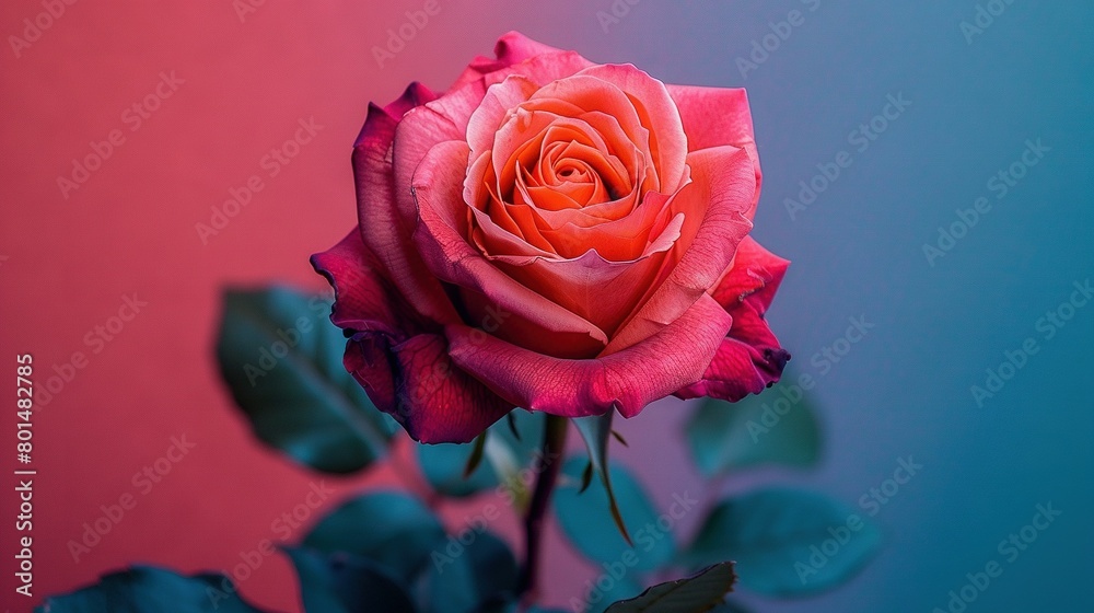 A pink rose with green leaves on a pink and blue background, set against a pink and blue backdrop A pink rose with green leaves on a pink and blue background, set against a pink and blue backdrop