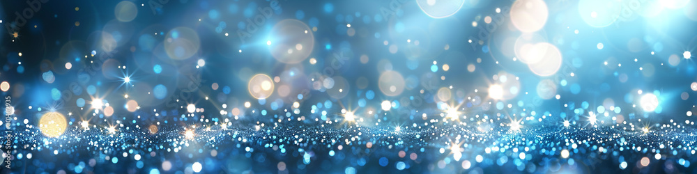 Powder Blue Glitter Defocused Abstract Twinkly Lights Background, glowing blurred lights with pale powder blue colors.