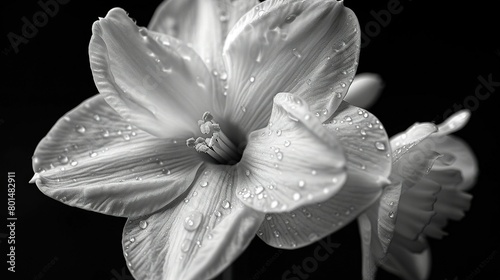  Black and white image of a flower with water droplets on its petals against a dark background