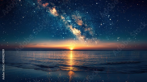   Star-filled sky above tranquil water as sun sets in the distance photo