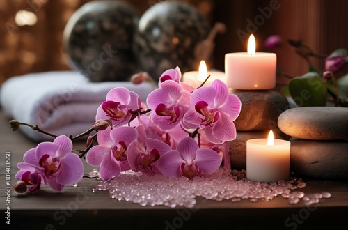  Pink orchid flowers with lit candles on a wooden surface 