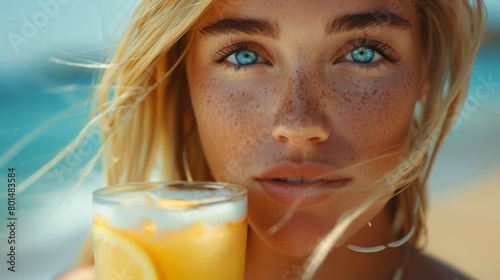 Stunning blonde woman with beautiful eyes holding a glass of juice, lemonade on the beach, close-up