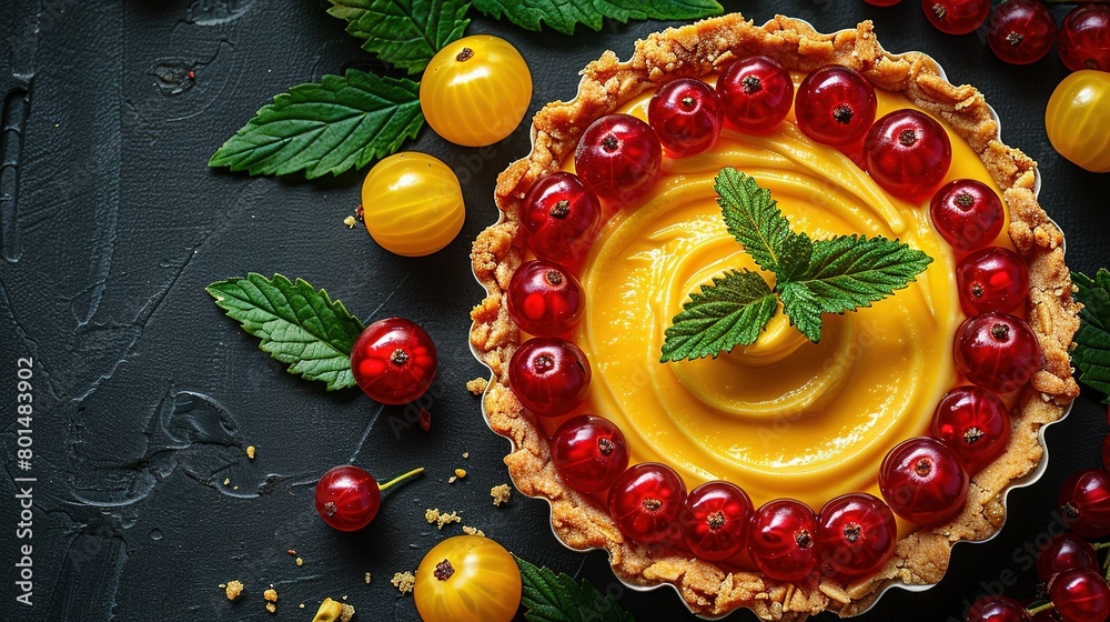 Fototapeta premium A cherry-covered table with a green leafy garnish and a pie on top