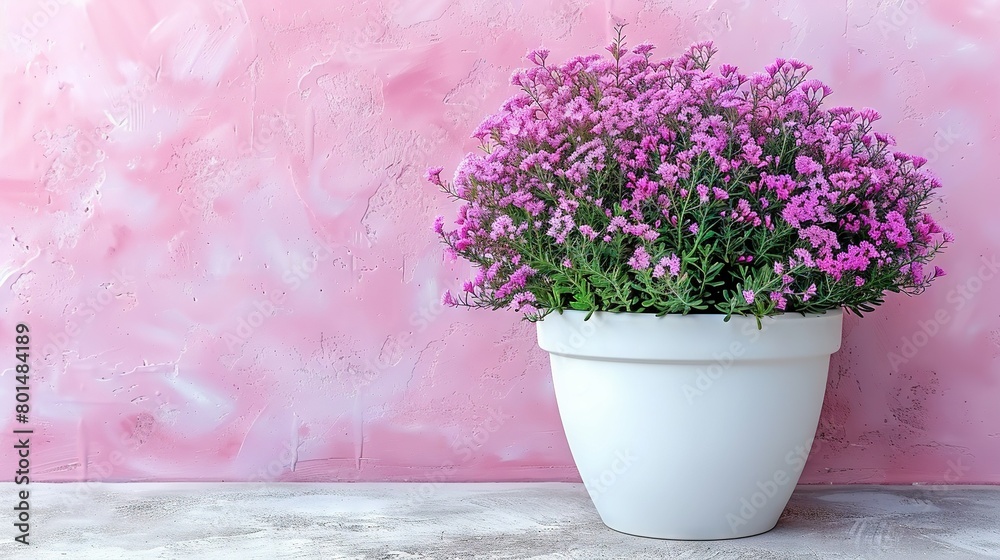  A white pot holding purple flowers sits atop a gray floor beside a pink wall and another behind it