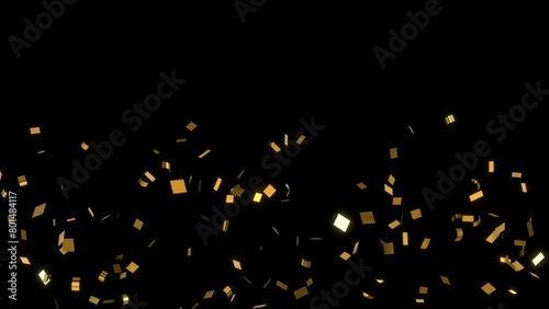 Animation of golden confetti over the black background. Rendered animation. photo
