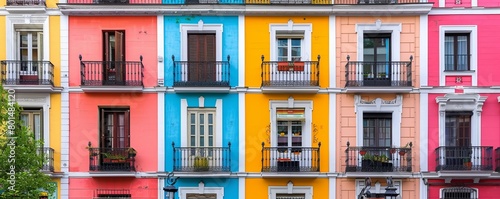 Colorful facades of apartment buildings in the Opera neighborhood in the center of Madrid in Spain