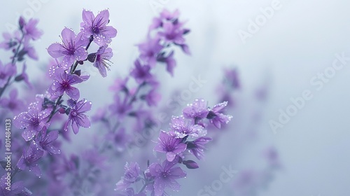   A group of lavender blooms featuring droplets of water on their petals  set against a hazy backdrop