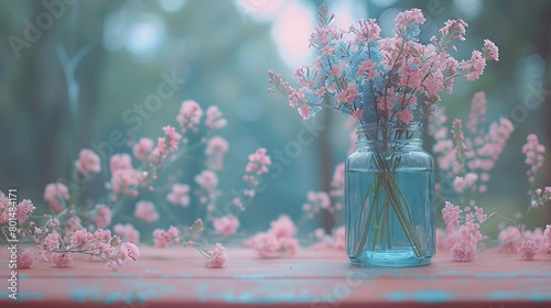  A vase brimming with pink blossoms sits atop a scarlet table strewn with pink and blue floral decorations