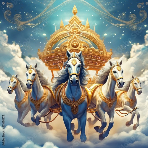 The golden chariot with five horse seated Lord Sun