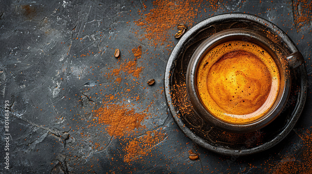 A detailed image of a coffee cup positioned on a table with both a spoon and spoonrest beside it A detailed image of a coffee cup positioned on a table with both a spoon and spoonrest beside it